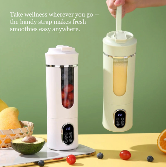 Portable blender with a smoothie inside, surrounded by fruits and vegetables on a green background.