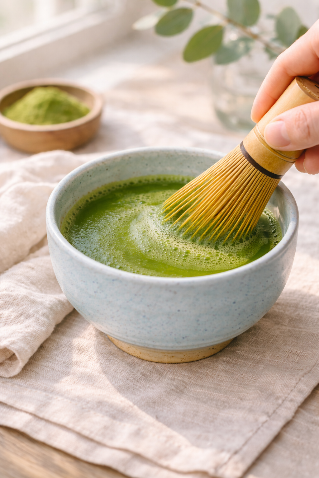 Person stirring matcha green tea in a bowl with a whisk on a light wooden surface.