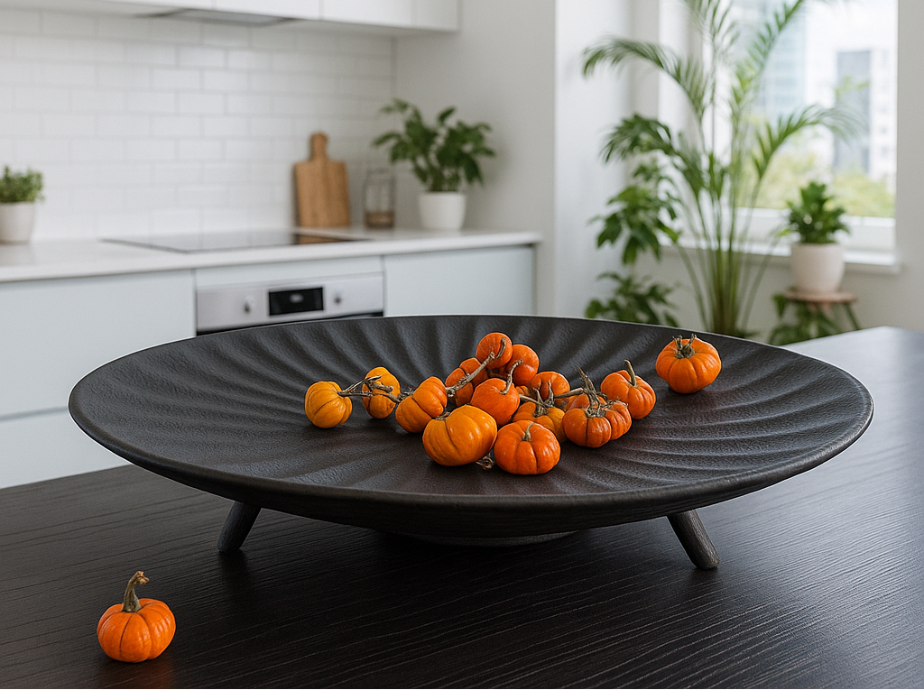 Black decorative bowl with small pumpkins on a kitchen counter