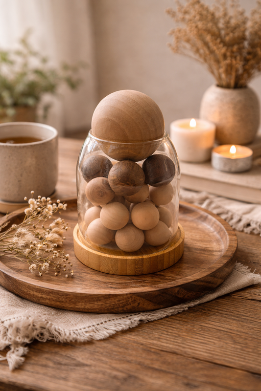 Wooden balls displayed in a clear glass dome on a wooden tray, styled with candles and soft greenery in a warm, bohemian home setting.