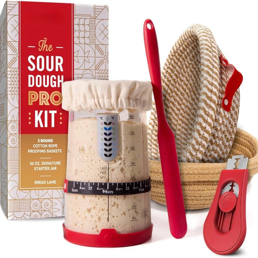 Sour dough pro kit with proofing baskets, bread lame, and other tools on a white background