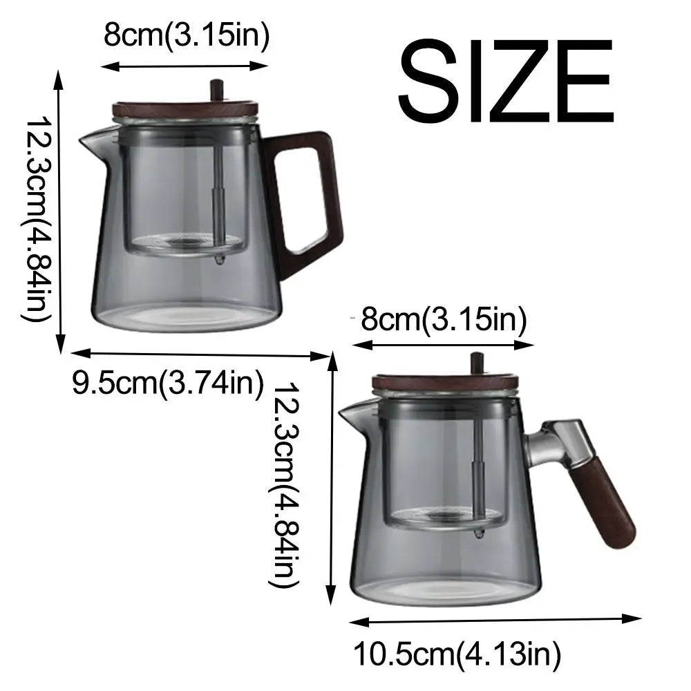 Glass teapot with wooden lid and handle, showing measurements on a white background