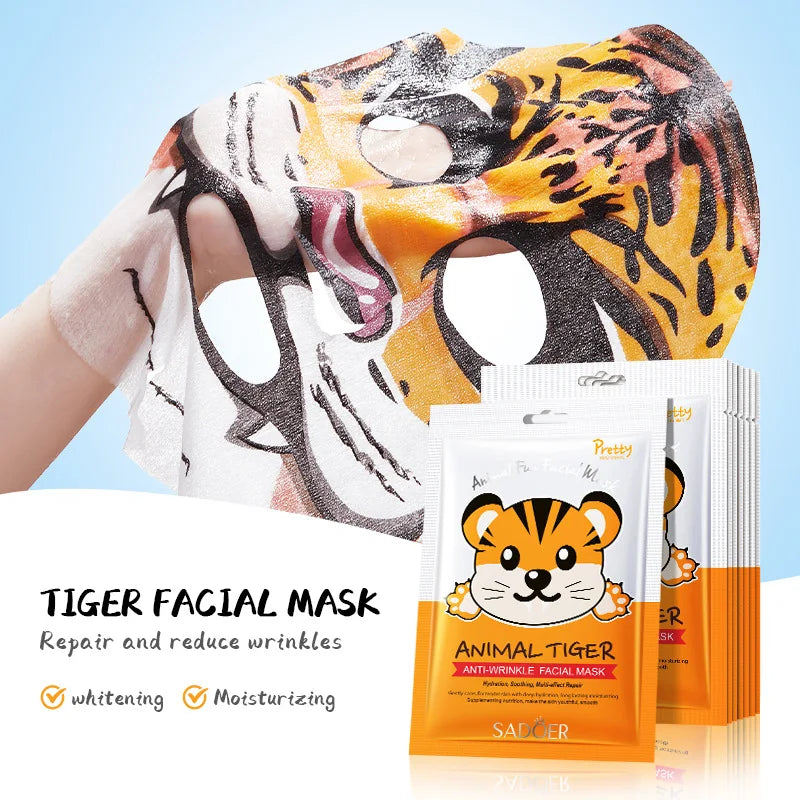 Tiger-themed facial mask with packaging and branding on a light blue background