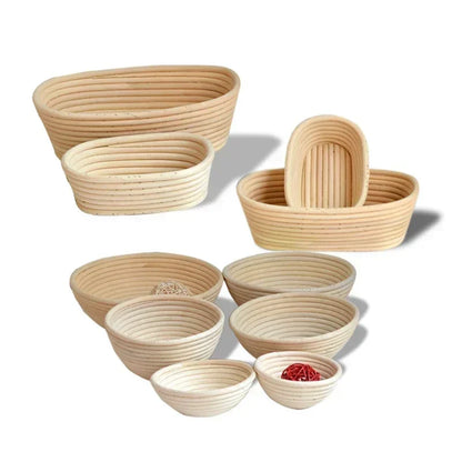 Set of woven bread baskets of various sizes on a white background