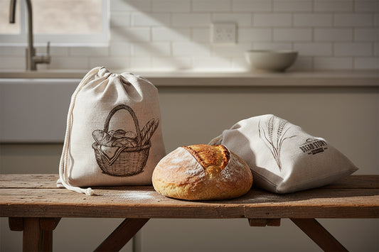 Two bread bags with a basket design and a loaf of bread on a wooden table in a kitchen.