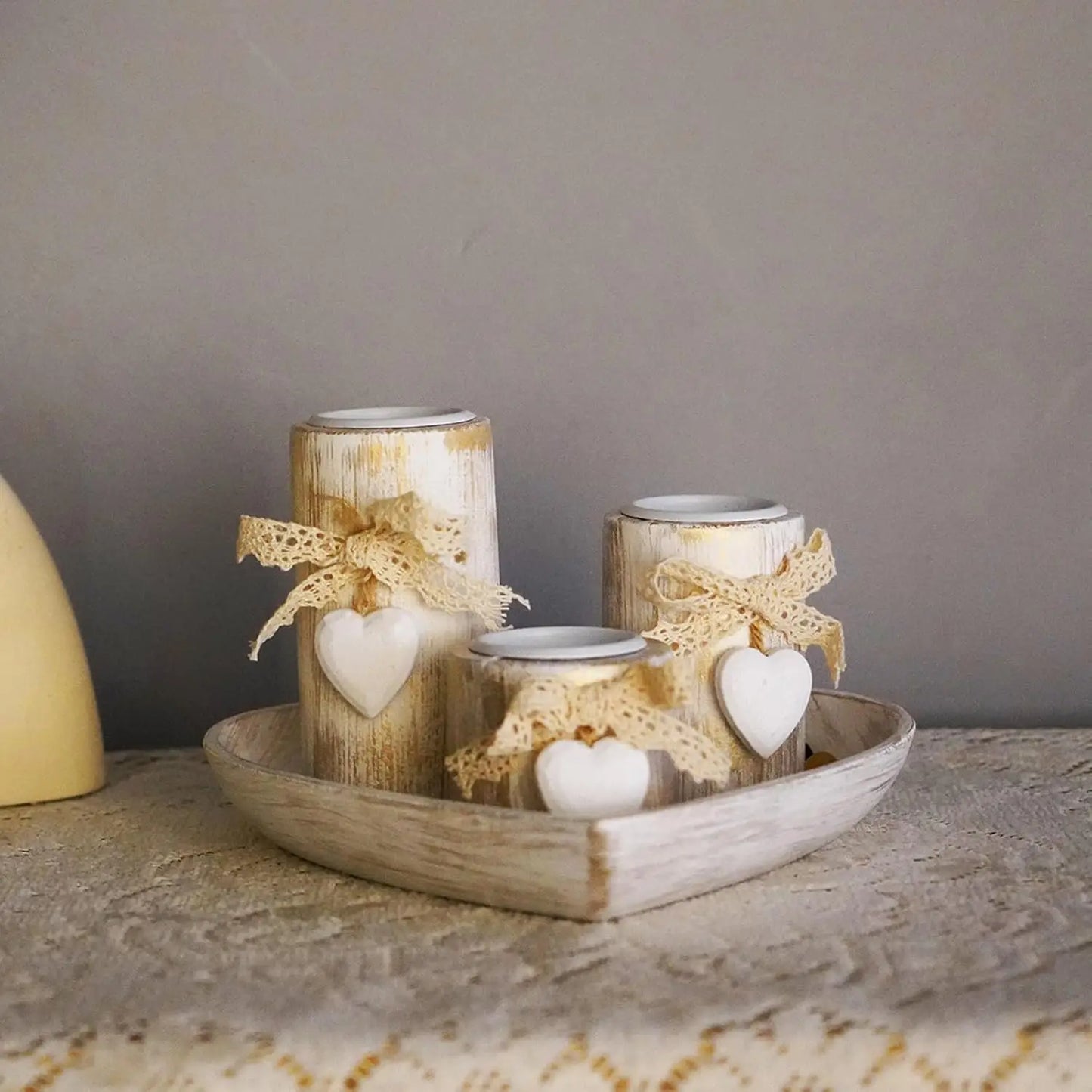 Rustic Wooden Heart Tray Candle Holder Set