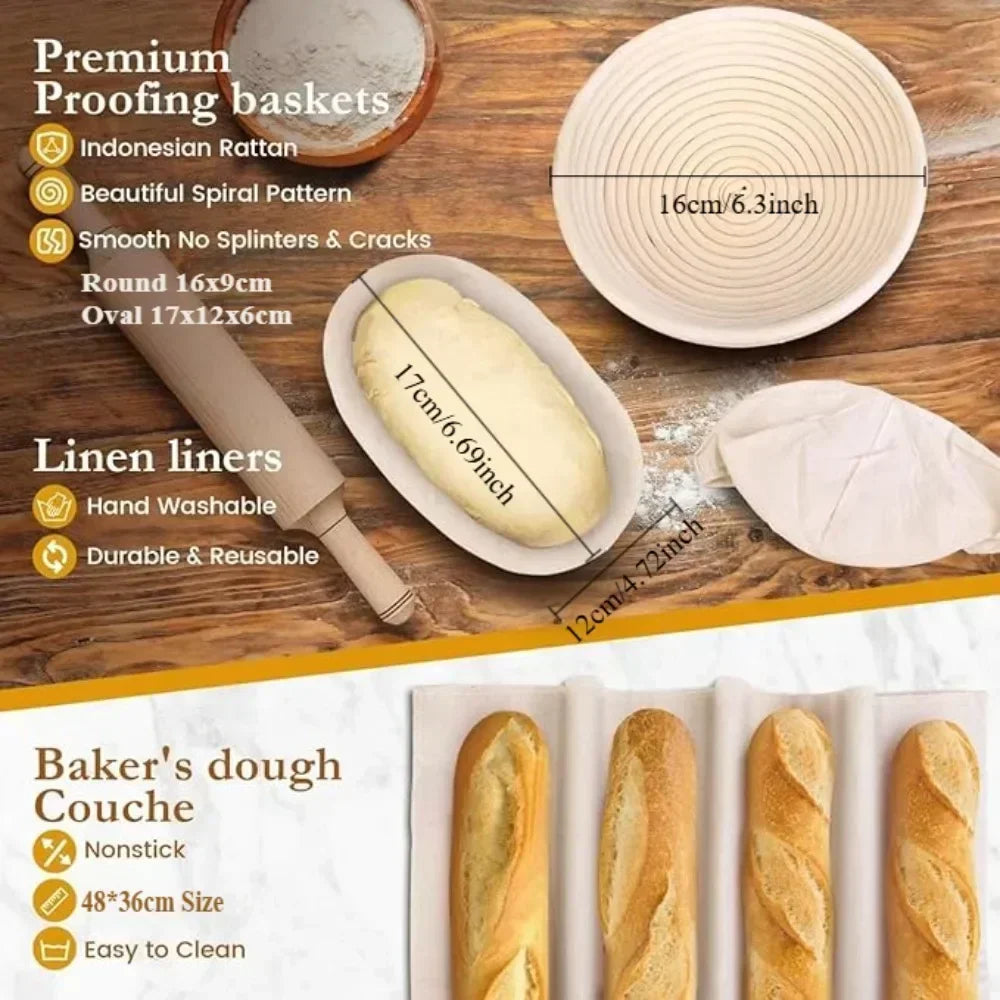 Bakers dough couche with linen liners and proofing baskets on a wooden surface.