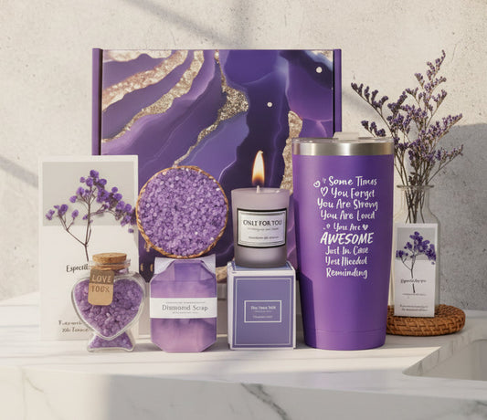 Collage of purple products including candles, tumbler, and soap with measurements displayed.