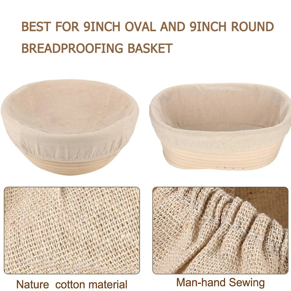 Two breadproofing baskets with text indicating their suitability for 9-inch oval and round baskets, and close-up details of the material and sewing.