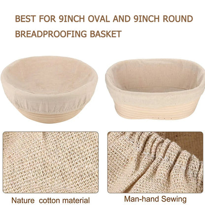 Two breadproofing baskets with text indicating their suitability for 9-inch oval and round baskets, and close-up details of the material and sewing.
