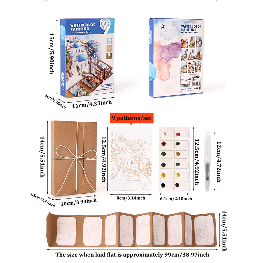 Measurement chart of watercolor painting sets with dimensions and layout examples.