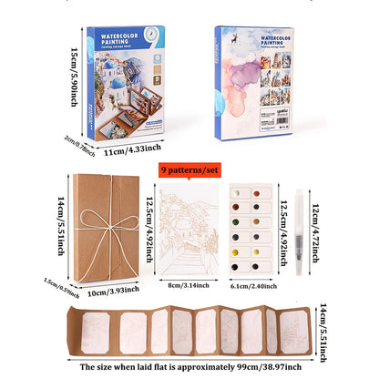 Measurement chart of watercolor painting sets with dimensions and layout examples.