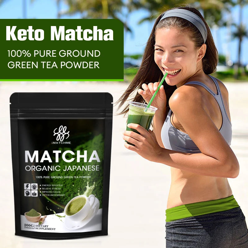 Woman drinking a green smoothie next to a package of Keto Matcha green tea powder.