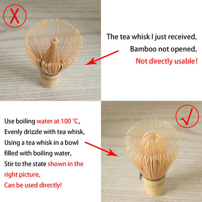 Instructions on how to use a bamboo tea whisk with text and arrows indicating proper usage.