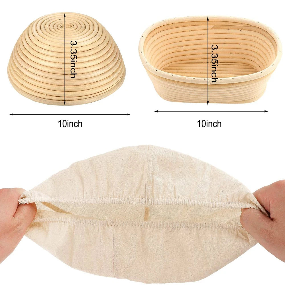 Two round bread baskets with dimensions and a piece of cloth being stretched.