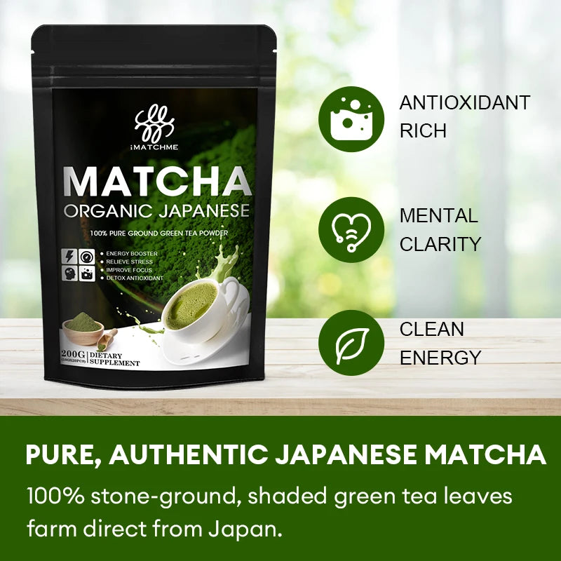 Matcha green tea powder package with health benefits listed on a blurred natural background