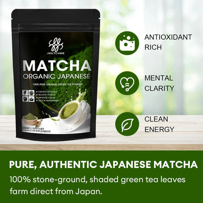 Matcha green tea powder package with health benefits listed on a blurred natural background