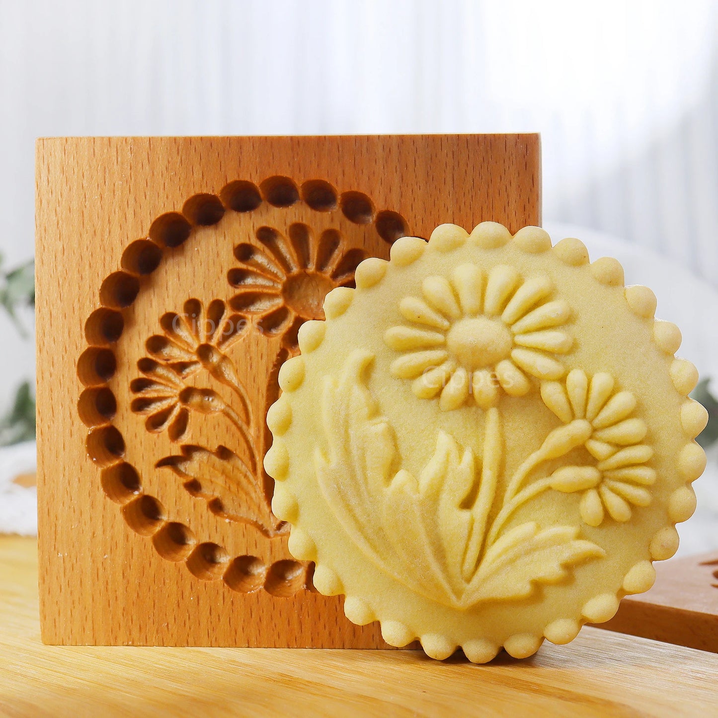 1PC Wood Cookie Moulds with Flower Patterns
