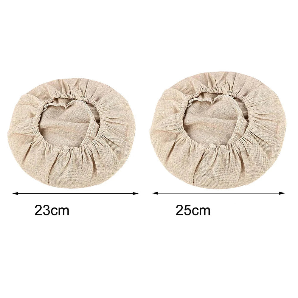 Two beige fabric covers with measurements on a white background