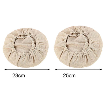 Two beige fabric covers with measurements on a white background