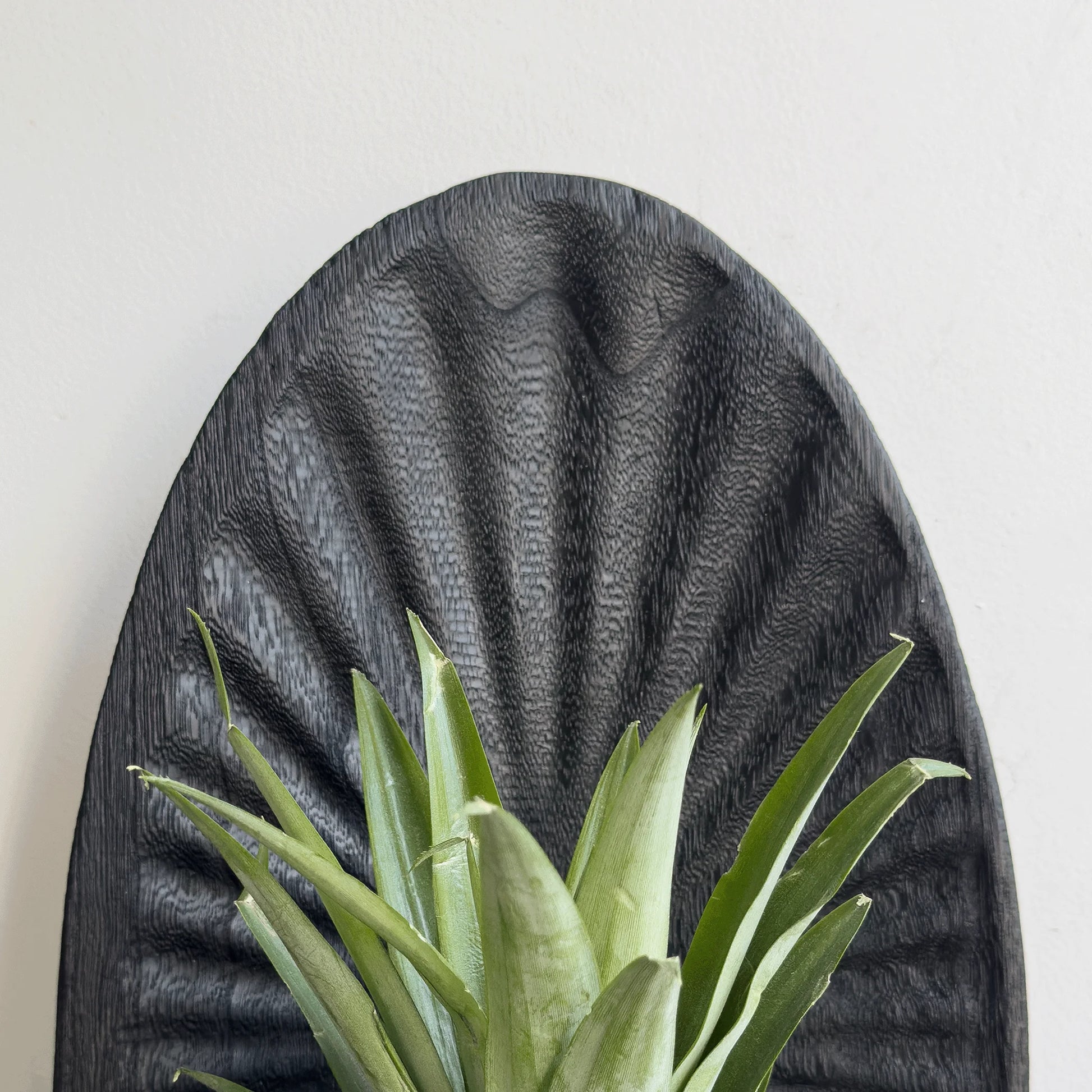 Decorative wall art with a textured black shell design and green plant leaves.