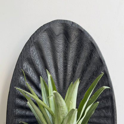 Decorative wall art with a textured black shell design and green plant leaves.