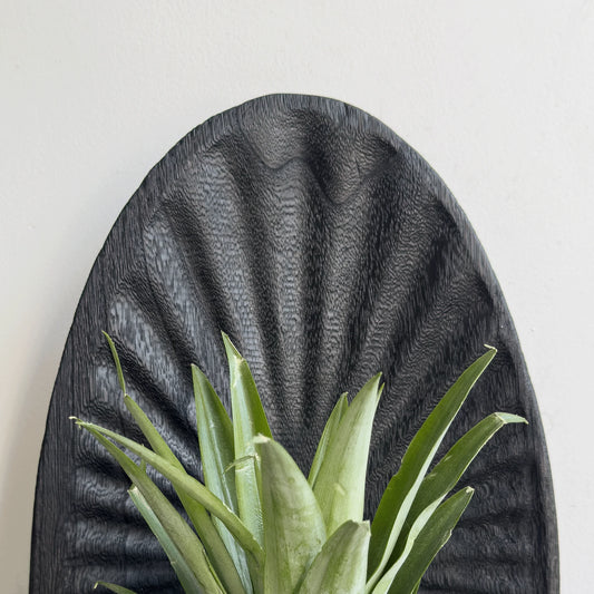 Decorative wall art with a textured black shell design and green plant leaves.