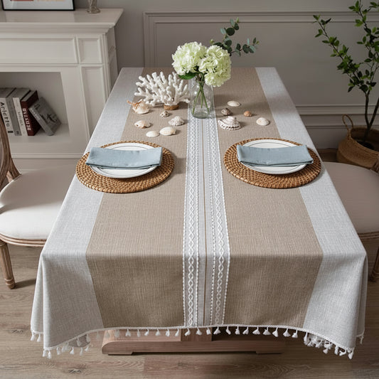 Jacquard Tablecloth with Tassels - Sea Grey & Natural Oat