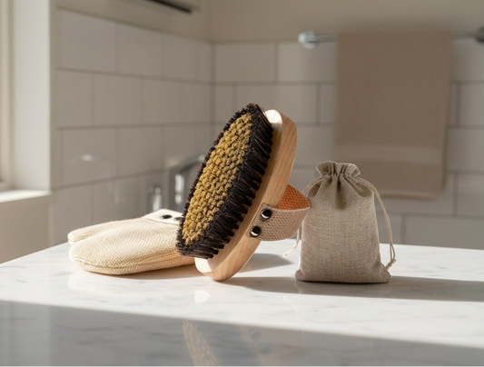 Wooden brush with black bristles and a beige drawstring bag on a white background