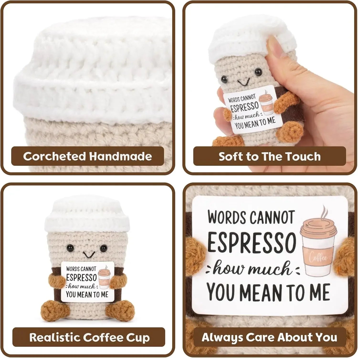 Plush toy resembling a coffee cup with text, labeled 'Corcheted Handmade' and 'Soft to The Touch'.