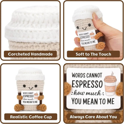 Plush toy resembling a coffee cup with text, labeled 'Corcheted Handmade' and 'Soft to The Touch'.