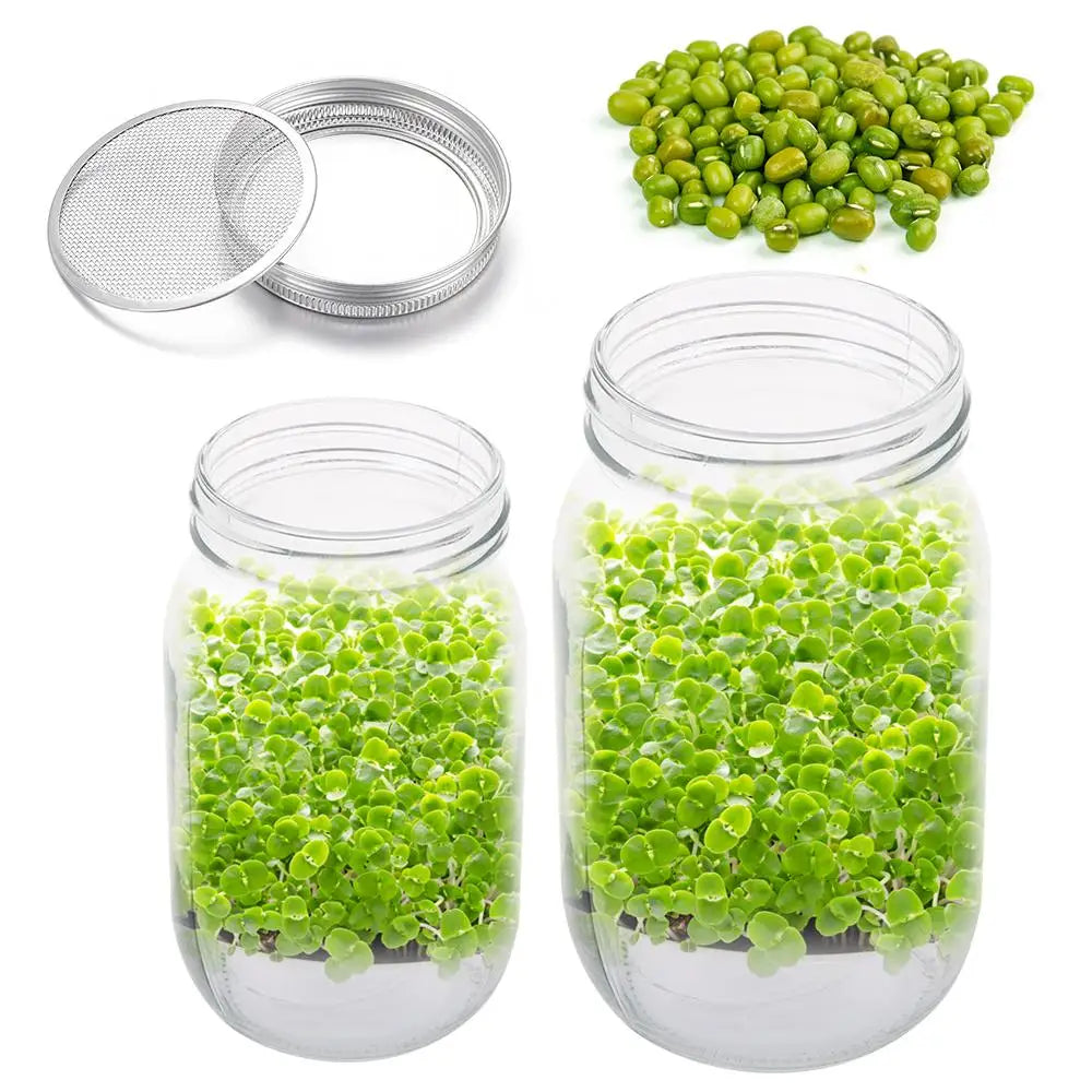 Two jars with green pellets, a strainer, and a close-up of green seeds on a white background.