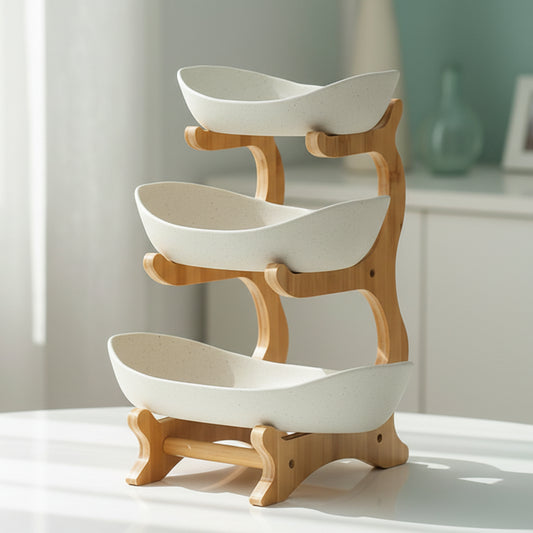Three-tiered wooden fruit basket with white bowls on a light surface, brand 'KEMORELA' visible.