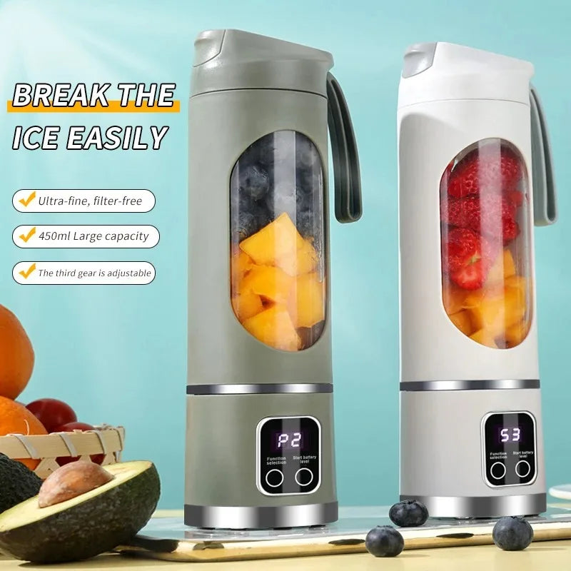 Two portable blenders with fruit inside on a light blue background