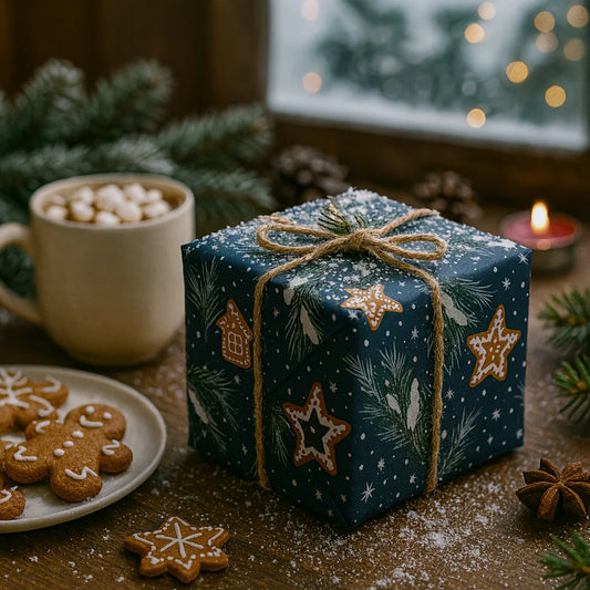 Christmas gift box with decorative ribbons, cookies, and a mug on a wooden table.