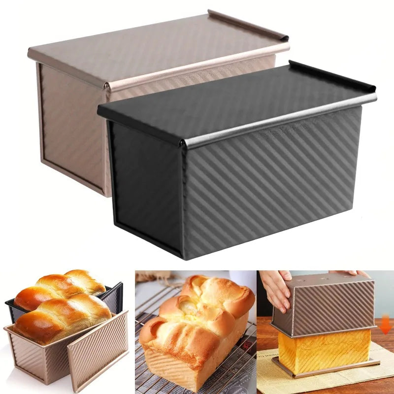 Bread loaf pan with lid on a white background, showing bread loaves inside.