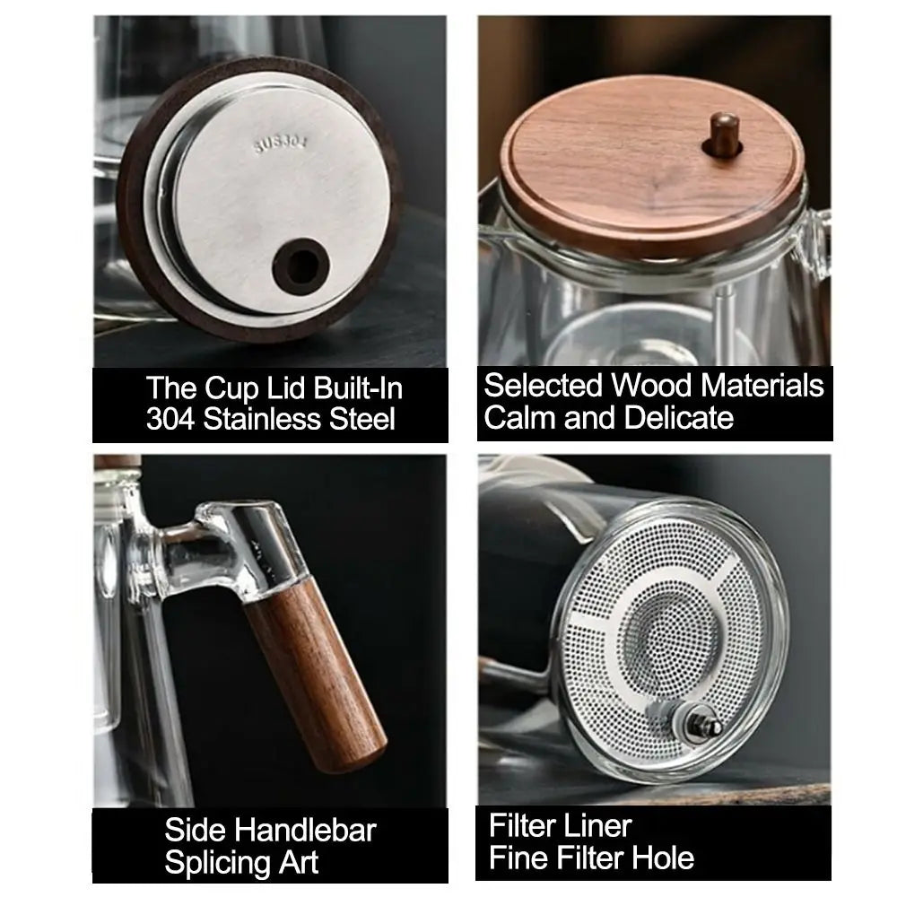 Product features including a cup lid, wood materials, side handlebar, and filter liner.