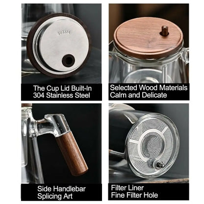 Product features including a cup lid, wood materials, side handlebar, and filter liner.