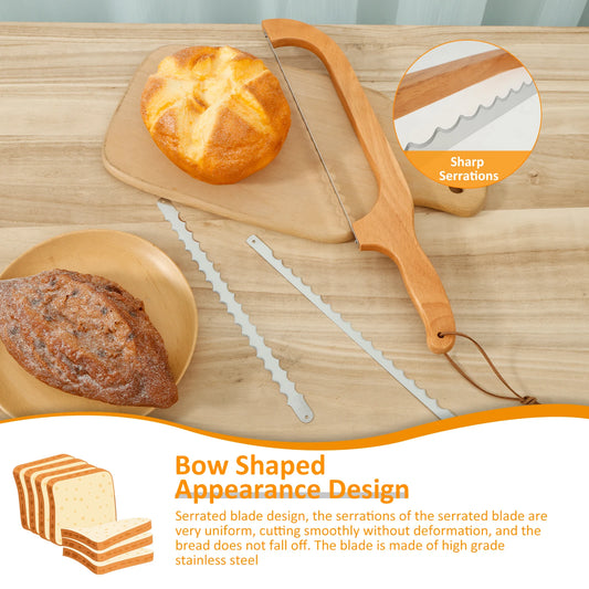 Wooden bread knife with serrated blade on a wooden cutting board next to a loaf of bread.