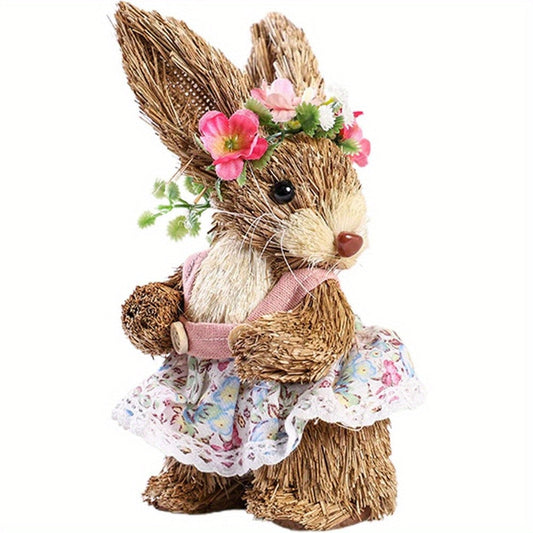 Decorative rabbit figurine with floral crown and dress on a white background