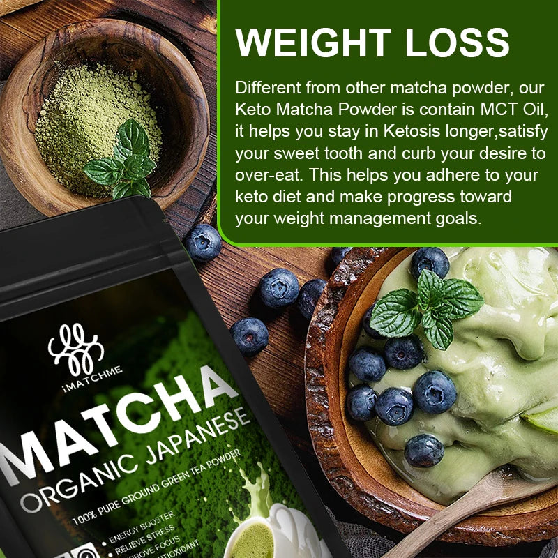 Matcha powder packaging with a bowl of matcha and blueberries on a wooden surface, featuring text about weight loss benefits.