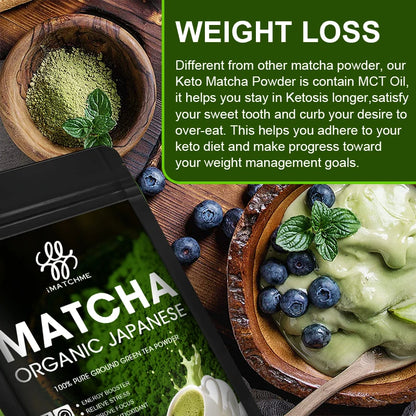 Matcha powder packaging with a bowl of matcha and blueberries on a wooden surface, featuring text about weight loss benefits.