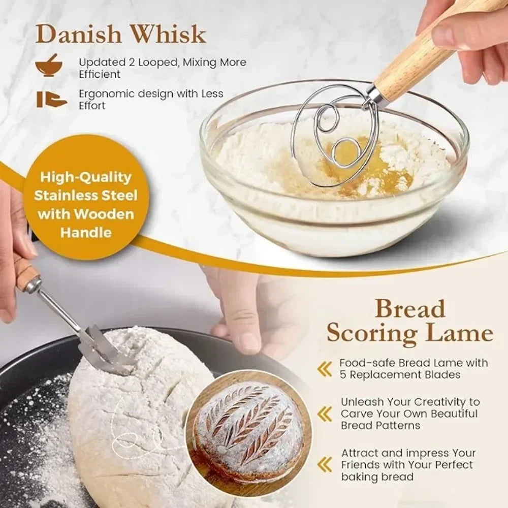 Danish Whisk and Bread Scoring Lame with product features highlighted