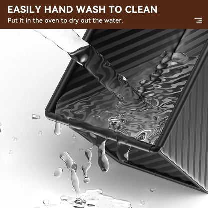 Metal baking tray with water being poured onto it, text indicating ease of cleaning.