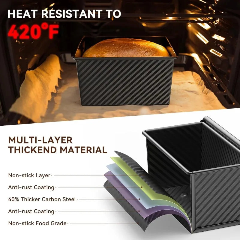 Heat-resistant bread baking pan with multi-layer thickend material features inside an oven.