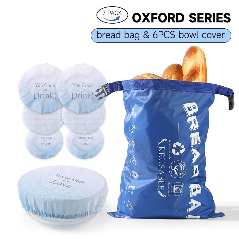 Blue bread bag and bowl covers with text on a white background