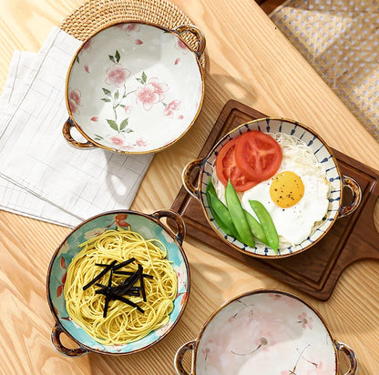 Set of ceramic bowls with floral patterns containing different foods on a wooden table.