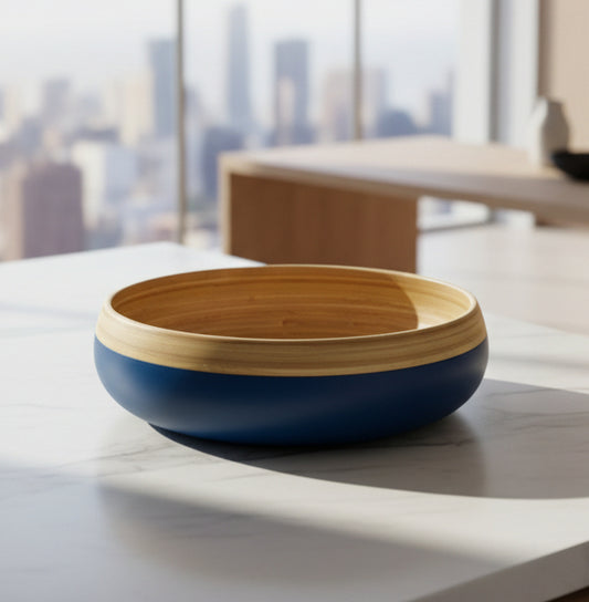 Bowl with blue exterior and wooden interior on a white background