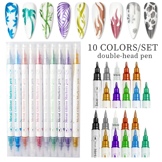 Set of metal glitter markers with packaging displaying 10 colors on a white background.