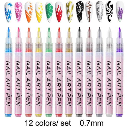 Set of nail art pens with various colors on a white background